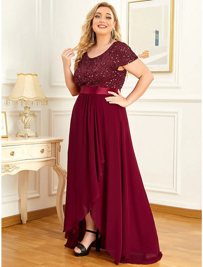 A-Line Plus Size Elegant Homecoming Formal Evening Dress Jewel Neck Short Sleeve Asymmetrical Chiffon with Sequin