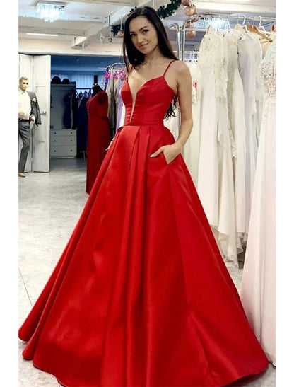 A-Line Prom Dresses Minimalist Dress Formal Wedding Party Floor Length Sleeveless V Neck Pocket Satin with Pleats