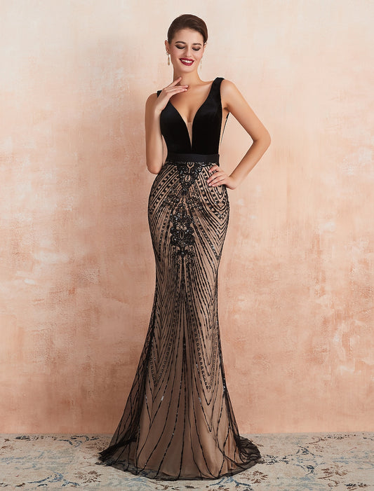 Mermaid Party Dress Evening Gown Luxurious Dress Formal Evening Sweep / Brush Train Sleeveless V Neck Fall Wedding Guest Velvet Backless with Beading