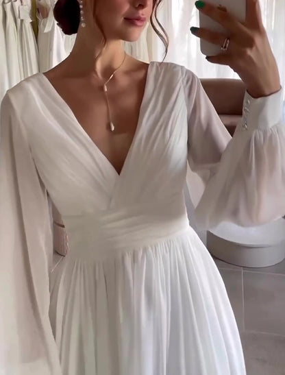 Little White Dresses Wedding Dresses A-Line V Neck Long Sleeve Tea Length Chiffon Bridal Gowns With Pleats Solid Color