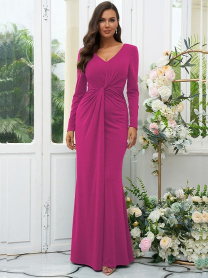 Sheath/Column Jersey Ruched V-neck Long Sleeves Floor-Length Bridesmaid Dresses