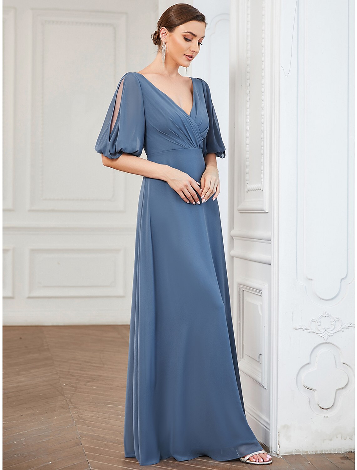 A-Line Evening Gown Minimalist Dress Wedding Guest Floor Length Half Sleeve V Neck Chiffon with Pleats Mother of the Bride Dresses