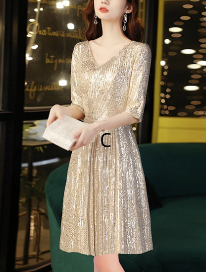 Sheath / Column Mother of the Bride Dress Wedding Guest Elegant Sparkle & Shine V Neck Floor Length Sequined Half Sleeve with Pleats