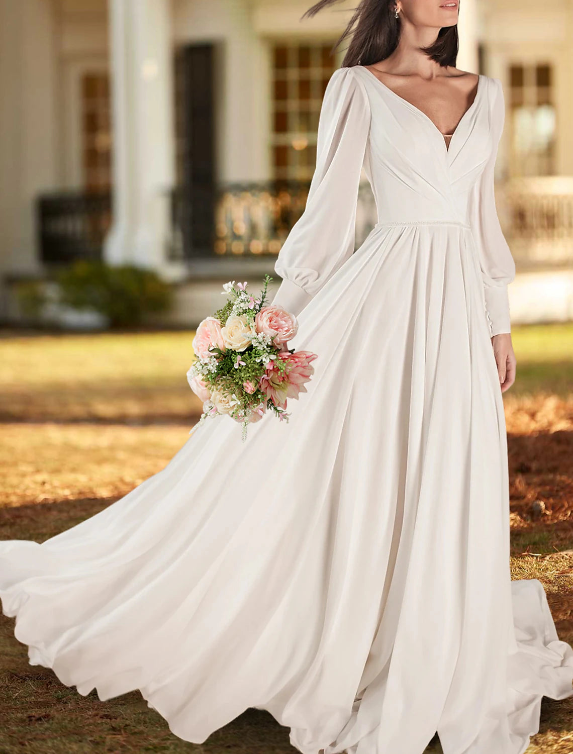 Casual Wedding Dresses A-Line V Neck Long Sleeve Sweep / Brush Train Chiffon Bridal Gowns With Pleats