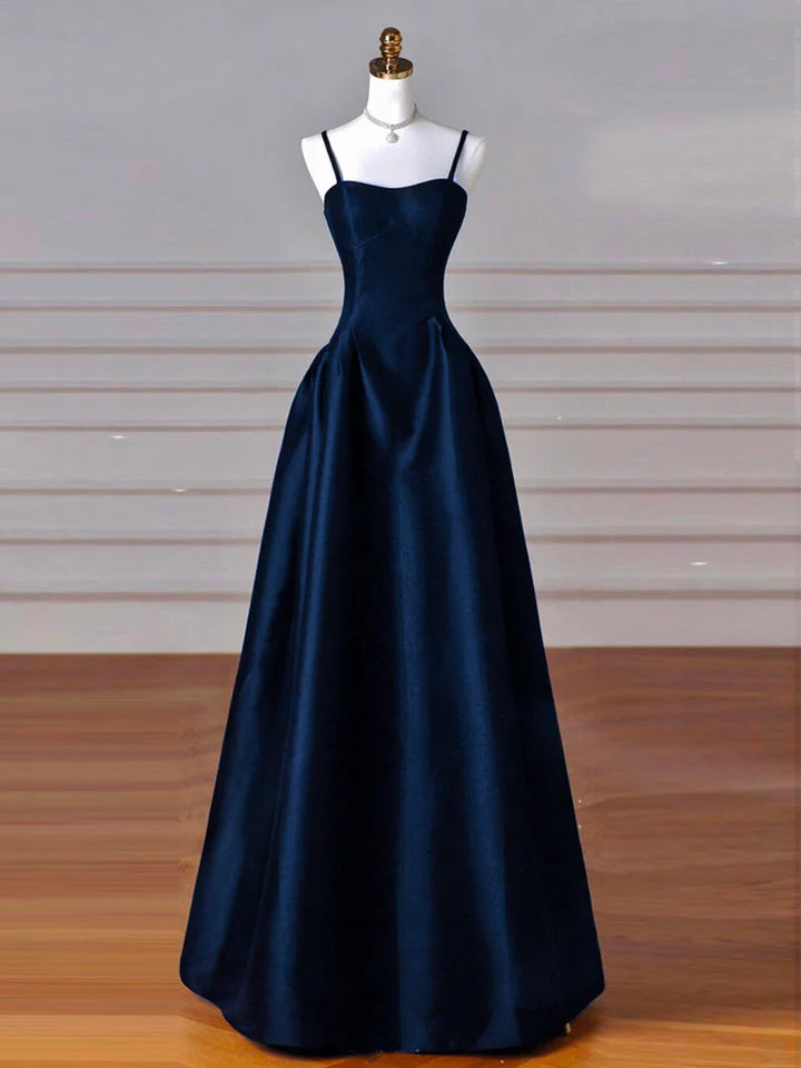 Simple A-Line Prom Dress Satin Cultivate oneself Long Spaghetti Strap Temperament Dress