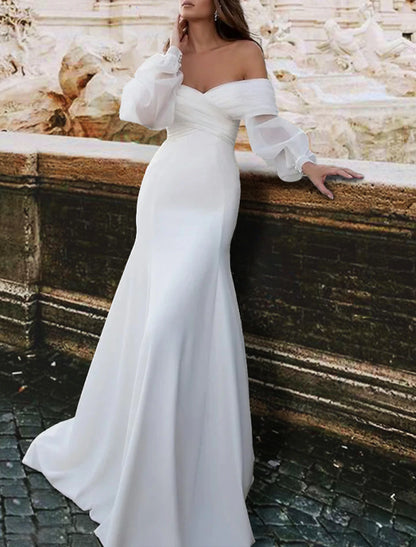 Reception Casual Wedding Dresses Mermaid / Trumpet Off Shoulder Long Sleeve Sweep / Brush Train Satin Bridal Gowns With Ruched