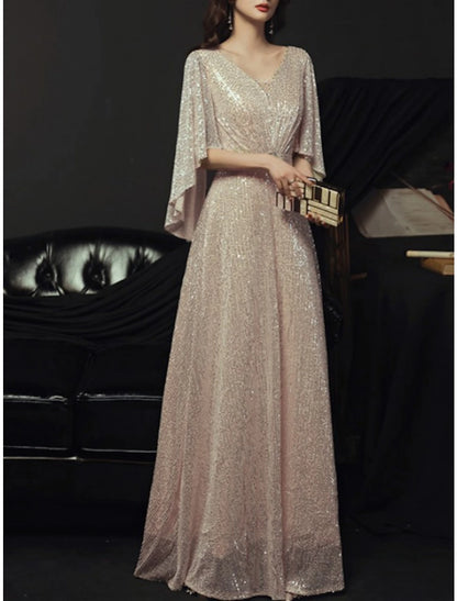 Sheath / Column Mother of the Bride Dress Elegant Sparkle & Shine Petite V Neck Floor Length Sequined Half Sleeve with Pleats Crystal Brooch