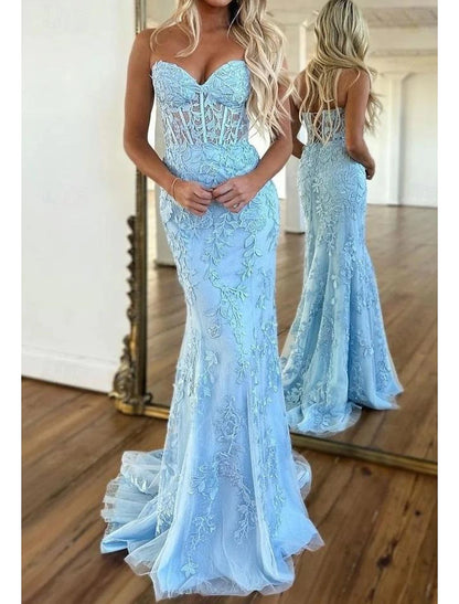 Mermaid / Trumpet Glittering Dress Sleeveless Strapless Lace Backless Prom Dresses with Appliques Fall November December Wedding Guest Dress