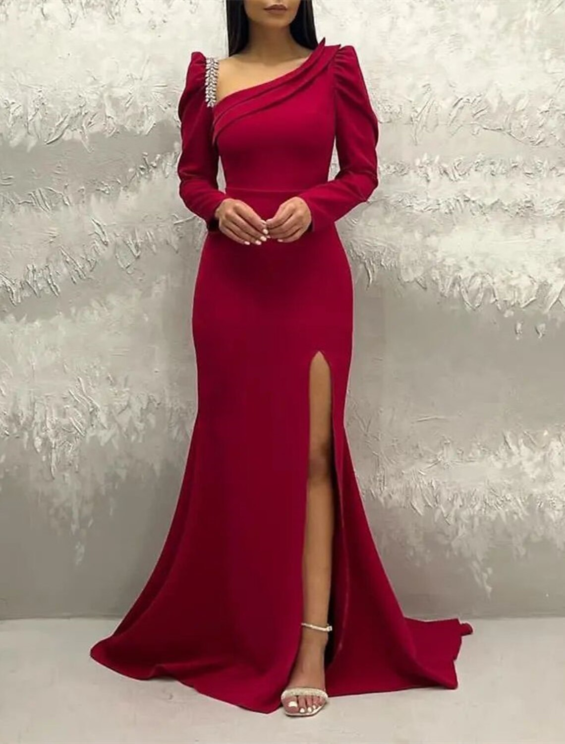 Mermaid / Trumpet Evening Gown Elegant Dress Christmas Court Train Long Sleeve V Neck Stretch Fabric with Rhinestone Ruched