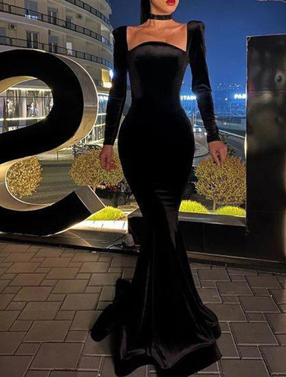 Mermaid / Trumpet Sexy bodycon Wedding Guest Formal Evening Dress Square Neck Long Sleeve Floor Length Velvet with Sleek Pure Color