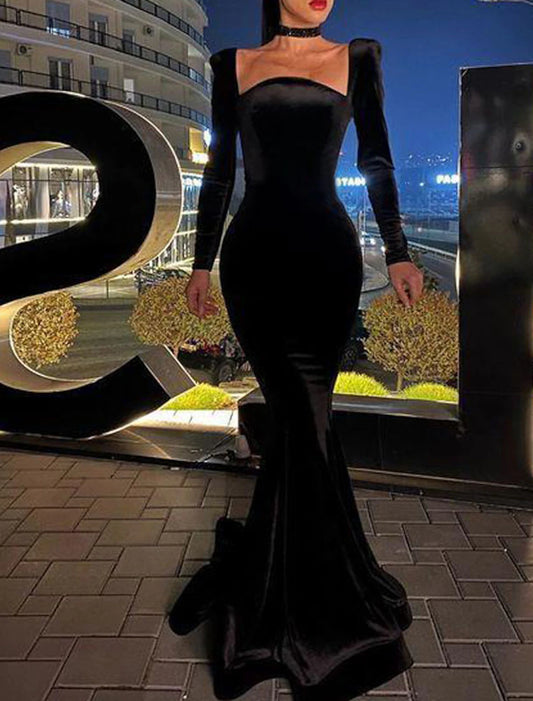 Mermaid / Trumpet Sexy bodycon Wedding Guest Formal Evening Dress Square Neck Long Sleeve Floor Length Velvet with Sleek Pure Color