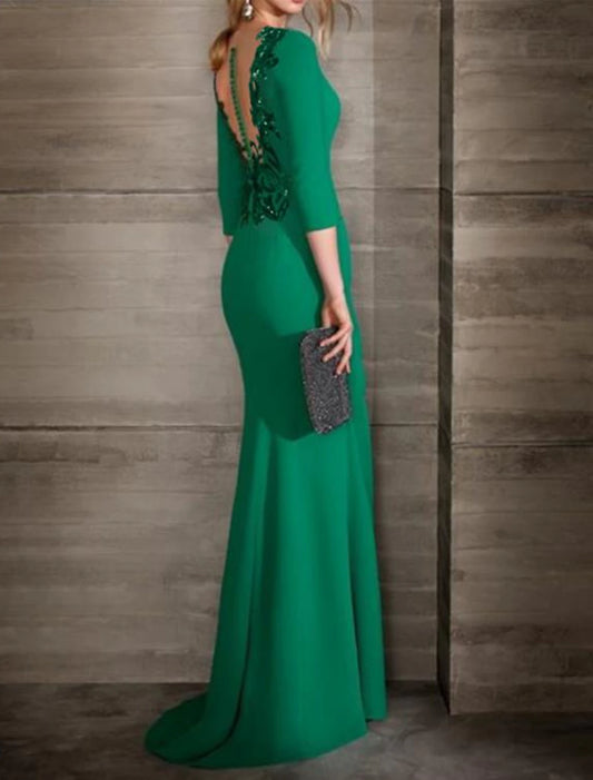 Sheath / Column Elegant Formal Evening Dress Y Neck 3/4 Length Sleeve Sweep / Brush Train Jersey with Appliques