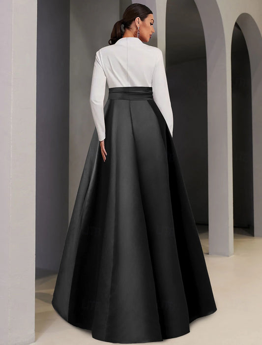 Evening Dress A-Line Formal Wedding Guest Asymmetrical Long Sleeve V Neck Pocket Satin with Pocket Elegant Fall November December Wedding Guest Dress