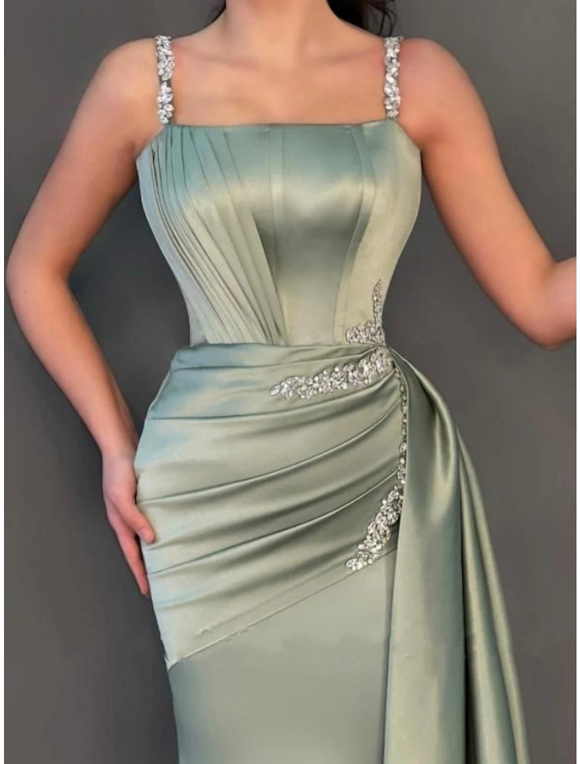 A-Line Evening Gown Elegant Dress Formal Sweep / Brush Train Christmas Red Green Dress Sleeveless Spaghetti Strap Satin with Pleats Ruched Crystals