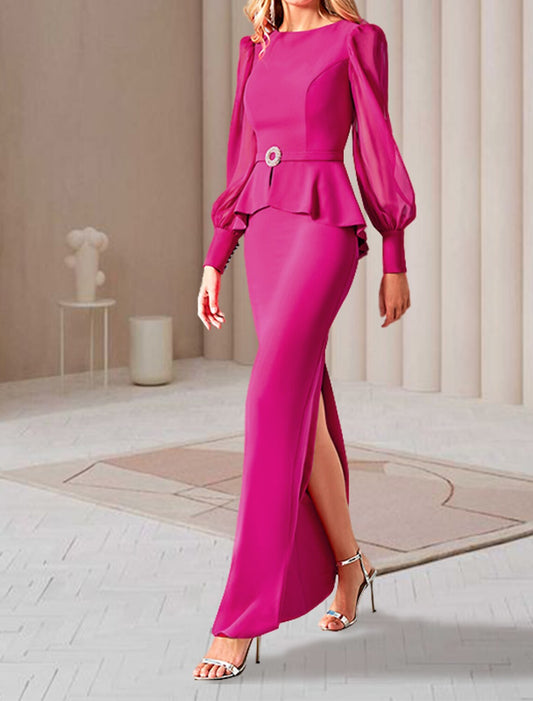 Sheath / Column Mother of the Bride Dress Elegant Jewel Neck Ankle Length Chiffon Long Sleeve with Ruffles Split Front Crystal Brooch