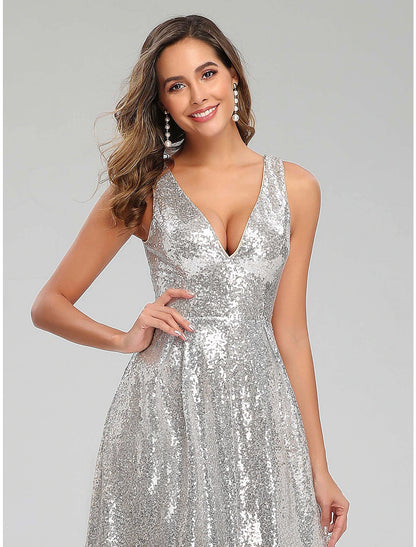 A-Line Prom Dresses Sparkle Dress Wedding Guest Engagement Floor Length Sleeveless V Neck Polyester V Back with Sequin