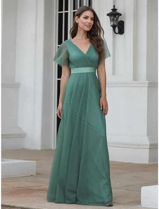 A-Line Empire Wedding Guest Prom Dress V Neck V Back Short Sleeve Floor Length Chiffon with Pleats Ruched