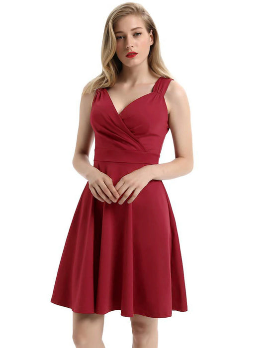 A-Line Minimalist Elegant Party Wear Cocktail Party Dress V Neck Sleeveless Tea Length Spandex with Pleats