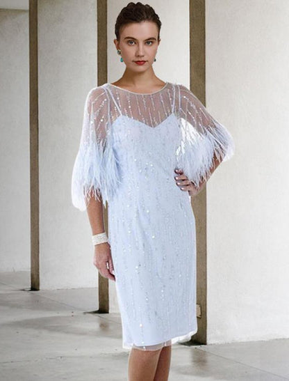 Sheath / Column Mother of the Bride Dress Fall Wedding Guest Sparkle & Shine Elegant Jewel Neck Knee Length Stretch Chiffon Half Sleeve with Feather Beading Sequin