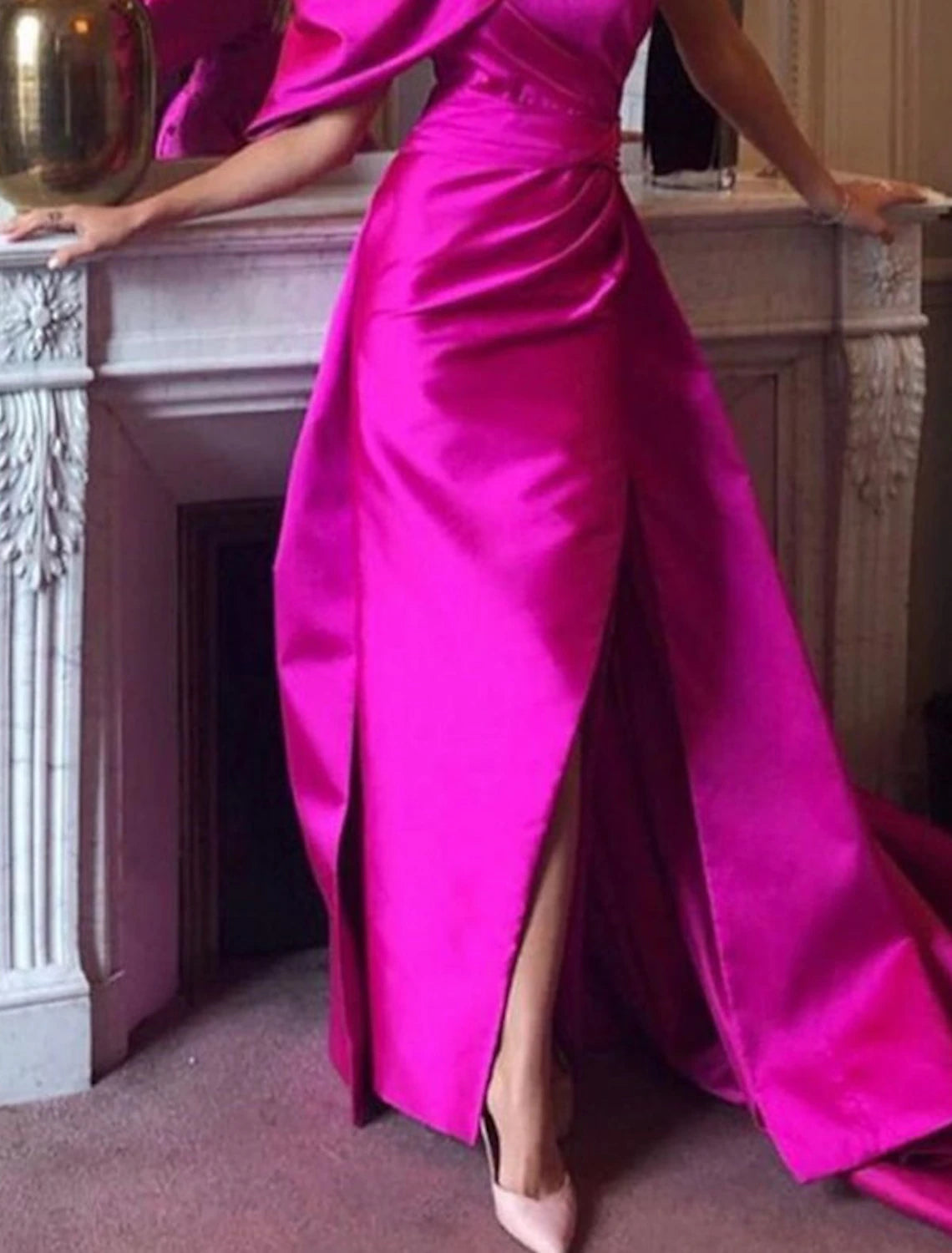 Mermaid / Trumpet Evening Gown Hot Pink Dress Party Dress For Carnival Court Train Sleeveless One Shoulder Fall Wedding Reception Satin with Ruched Slit