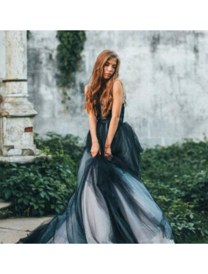 Ball Gown Black Wedding Dress Gothic Quinceanera Dresses Color Block Dress Sweep / Brush Train Sleeveless V Neck Tulle V Back with Pleats Appliques