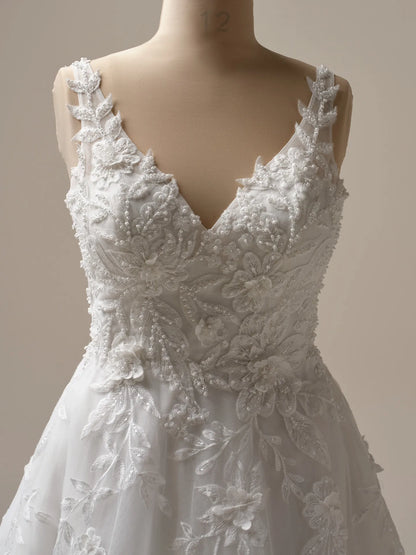 Wedding Dress A-Line V-Neck Sleeveless Tank Straps 3-D Flora Beaded Backless Bridal Gown Formal Wear Dress
