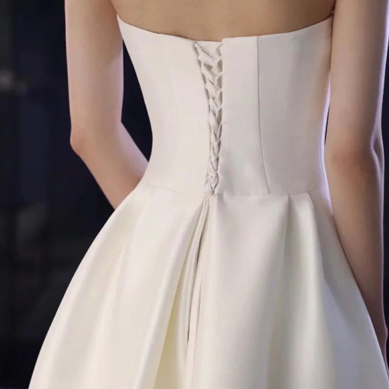 Wedding Dress French Style Strapless Satin Romantic Long Formal Wear Dresses