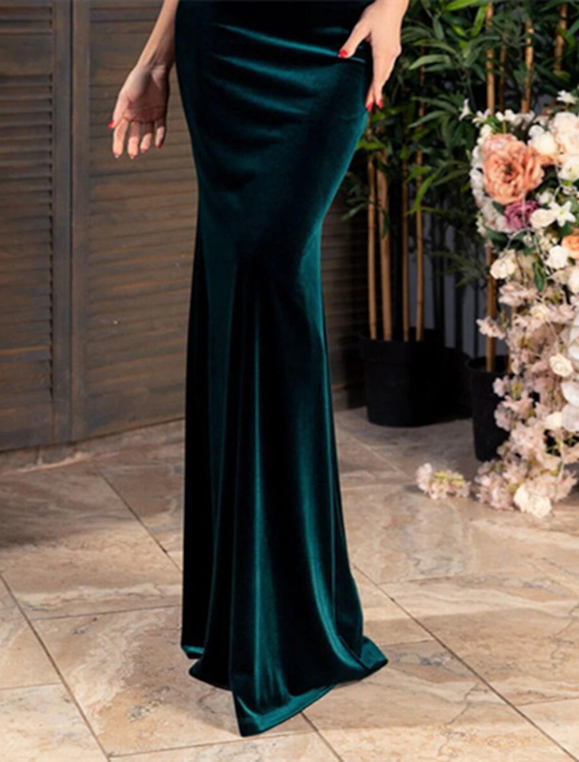 Mermaid / Trumpet Mother of the Bride Dress Wedding Guest Elegant Jewel Neck Floor Length Velvet Half Sleeve No with Ruched Solid Color