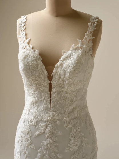 Wedding Dress V-Neck Sleeveless Mermaid Sheath Beaded Floral Lace Satin Sparkle Backless Bridal Gown Formal Wear Dress