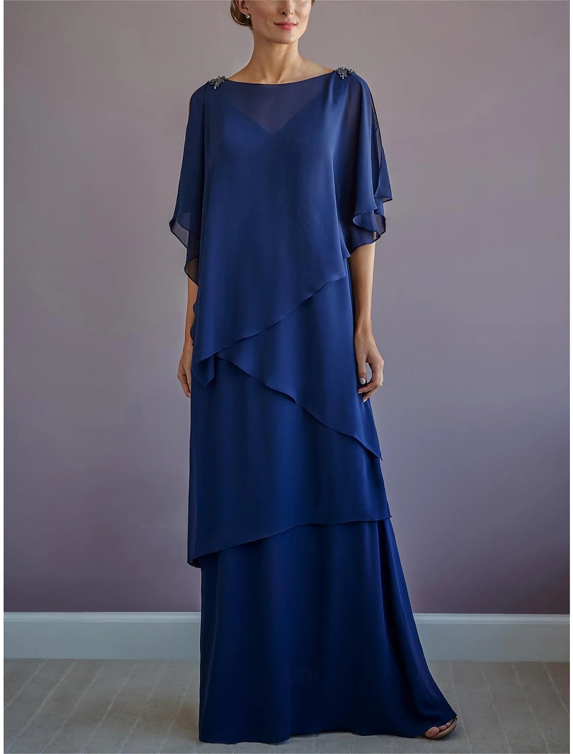 A-Line Mother of the Groom / Bride Dress Bateau Neck Floor Length Chiffon Half Sleeve with Ruffles Draping Tier Elegant Plus Size Formal Fall November Wedding Guest Dress