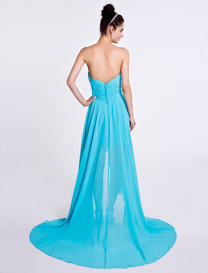 A-Line Bridesmaid Dress Sweetheart Sleeveless Open Back Asymmetrical Chiffon with Ruched / Beading