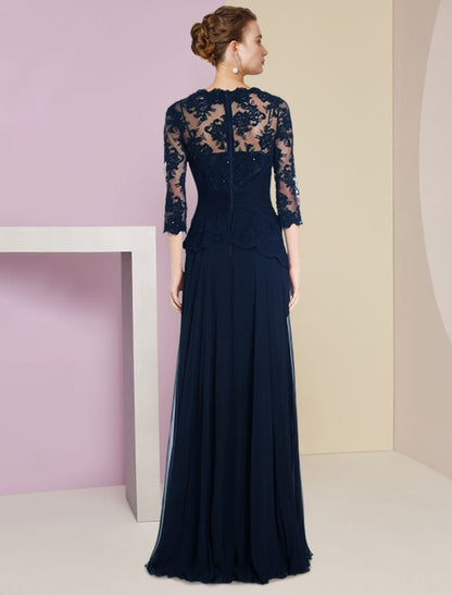 A-Line Mother of the Bride Dress Formal Wedding Guest Elegant Scoop Neck Floor Length Chiffon Lace Half Sleeve with Pleats Appliques Crystal Brooch