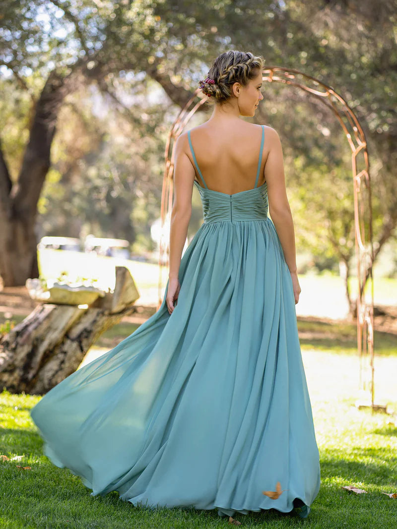 Bridesmaid Dress V-neckline Spaghetti Straps Slit Front Floor Length Chiffon Dress