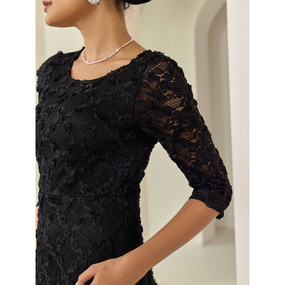 Fall November December Wedding Guest Dress Lace Dress 3/4 Length Sleeve Solid Color Lace Spring Fall Cross-Seasons Elegant Autumn Winter Wedding Party Dress