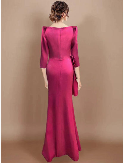 Fall November December Wedding Guest Dress Sheath / Column Elegant Dress Tie Floor Length Long Sleeve Cowl Neck Sash Satin with Bow(s) Autumn Winter Wedding Party Dress