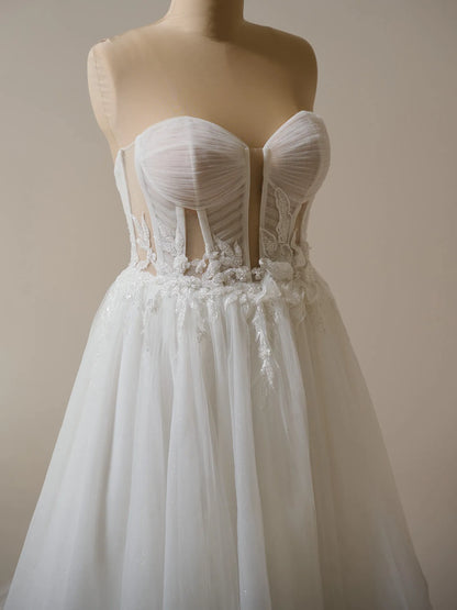 Wedding Dress A-Line Sweetheart Neckline Off-the-Shoulder Sleeveless 3-D Floral Beaded Bridal Gown Formal Wear Dress