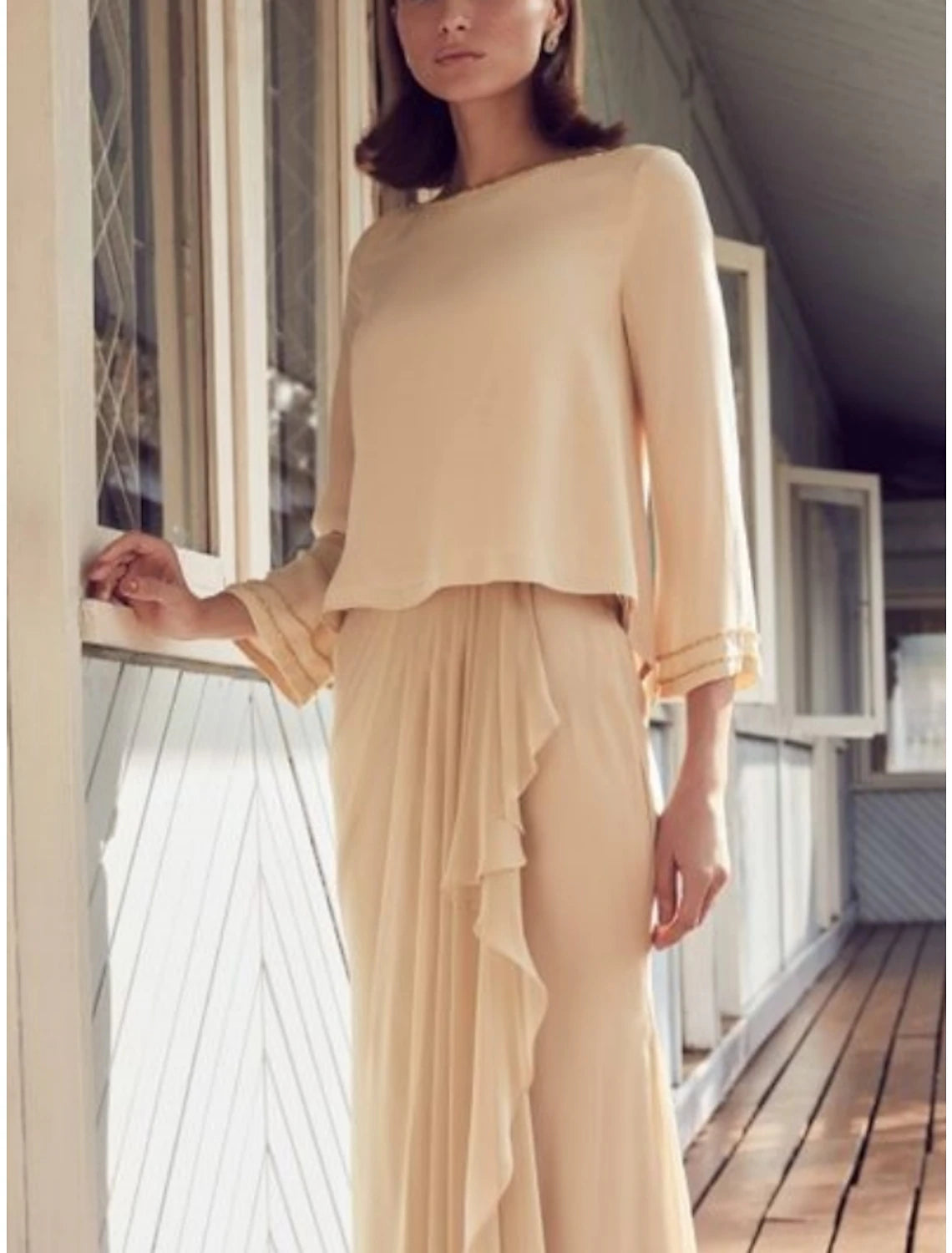 Sheath / Column Mother of the Bride Dress Wedding Guest Simple Elegant Scoop Neck Floor Length Chiffon Long Sleeve with Pleats Ruffles