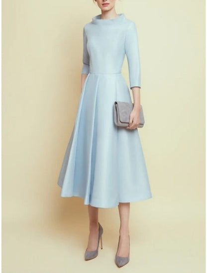 A-Line Mother of the Bride Dress Wedding Guest Simple Elegant Neck Tea Length Satin 3/4 Length Sleeve with Pleats Solid Color