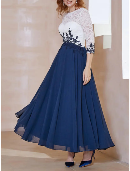 A-Line Mother of the Bride Dress Wedding Guest Elegant Scoop Neck Ankle Length Chiffon 3/4 Length Sleeve with Lace