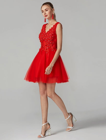 A-Line Party Dress Homecoming Graduation Short / Mini Sleeveless V Neck Lace Over Tulle with Crystals Appliques