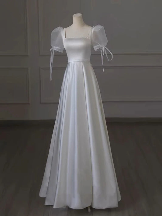 Wedding Dress A Line Elegant Satin Square Neck Long Formal Wear Dresses