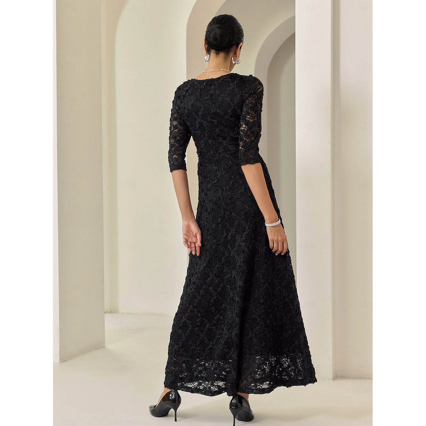 Fall November December Wedding Guest Dress Lace Dress 3/4 Length Sleeve Solid Color Lace Spring Fall Cross-Seasons Elegant Autumn Winter Wedding Party Dress