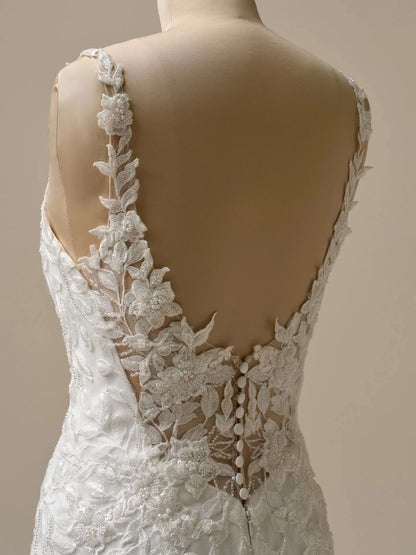Wedding Dress V-Neck Sleeveless Mermaid Sheath Beaded Floral Lace Satin Sparkle Backless Bridal Gown Formal Wear Dress