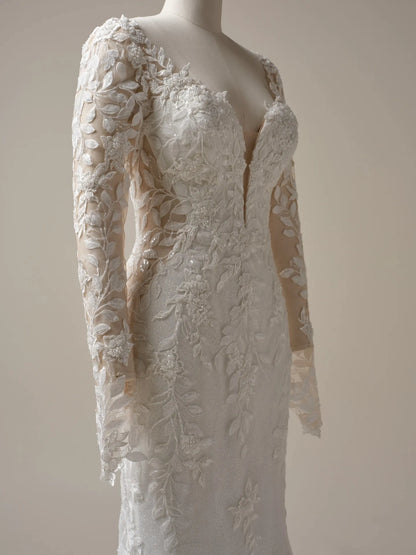 Wedding Dress V-Neck Long Sleeves Mermaid Sheath Beaded Floral Lace Satin Sparkle Bridal Gown Formal Wear Dress