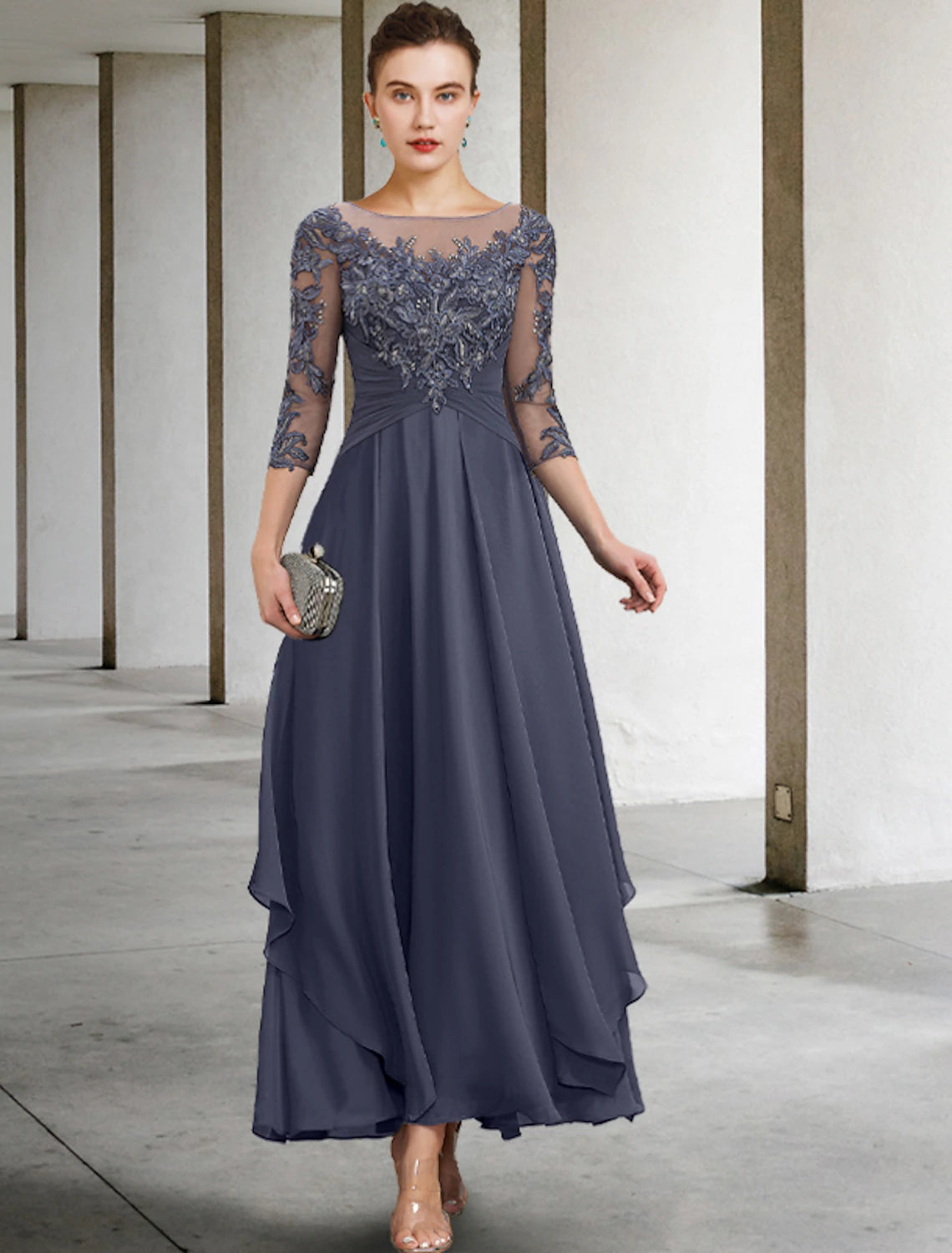 A-Line Mother of the Bride Dress Fall Wedding Guest Plus Size Elegant Jewel Neck Ankle Length Chiffon Lace 3/4 Length Sleeve with Ruched Sequin Appliques