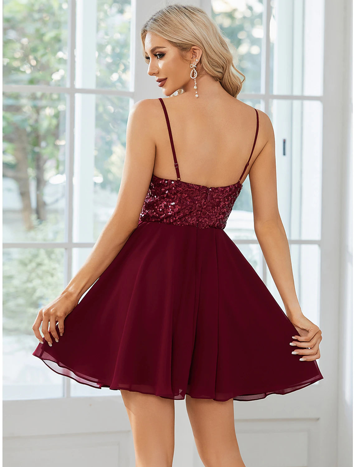 A-Line Homecoming Dresses Sparkle & Shine Dress Party Wear Birthday Short / Mini Sleeveless Spaghetti Strap Chiffon with Pleats Sequin