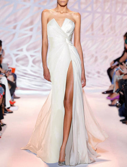 Sheath / Column White Party Wear Formal Evening Dress Strapless Sleeveless Sweep / Brush Train Polyester with Slit