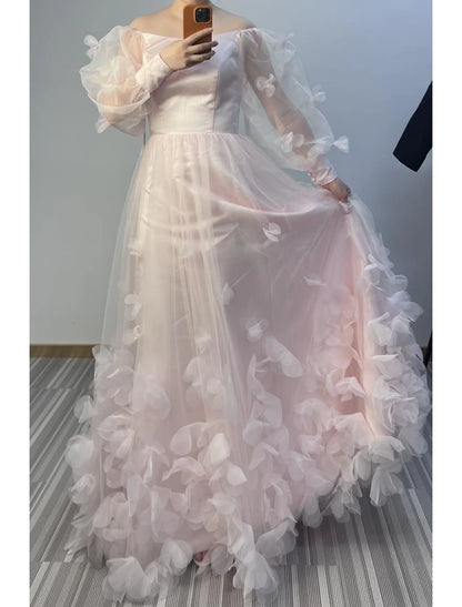 A-Line Prom Dresses Maxi Dress Wedding Guest Sweet 16 Floor Length Long Sleeve Scoop Neck Tulle with Appliques Butterfly