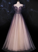 Charming Tulle Gradient Cap Sleeves Long Party Dress, A-Line Evening Gown