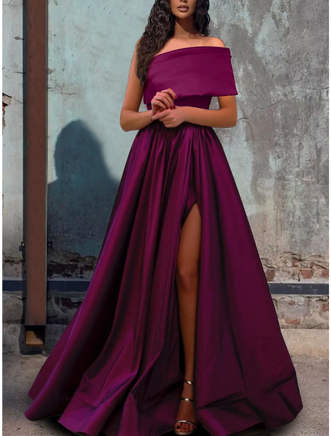 A-Line Prom Dresses Sexy Dress Party Wear Wedding Party Floor Length Short Sleeve One Shoulder Satin with Pleats Slit